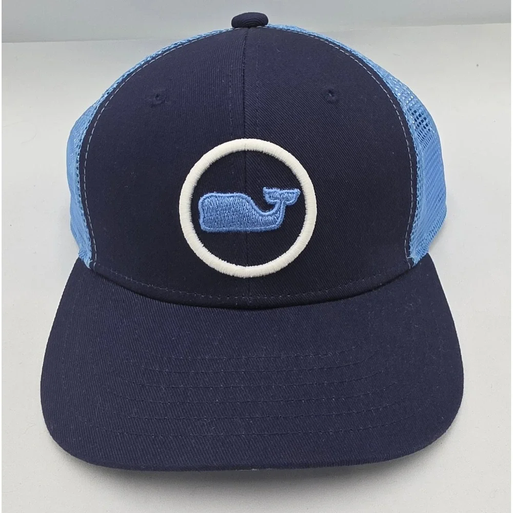 Vineyard Vines Trucker Hat Kids Navy Blue Whale Logo Snapback Baby Blue Mesh